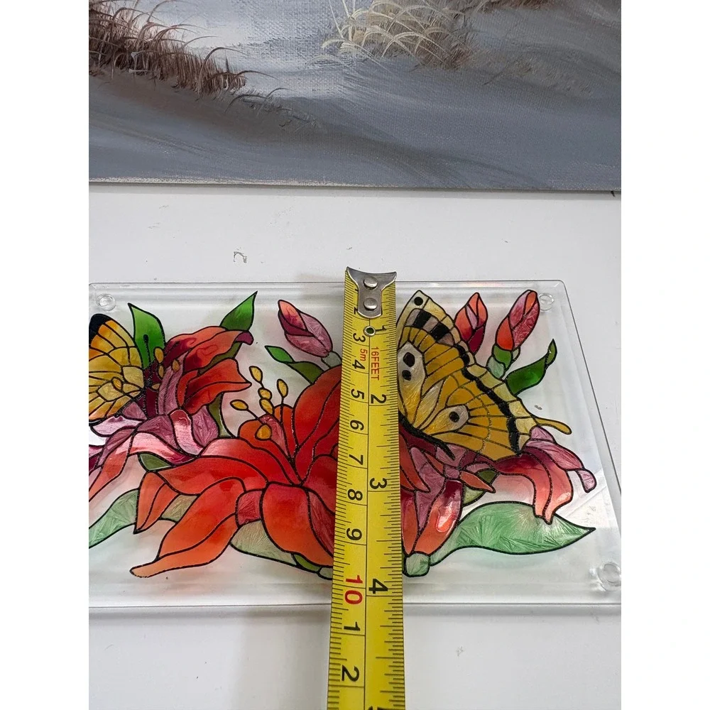 Hand Painted Glass Butterfly Lily Floral Tray Trivet Stained Glass Style 8x4